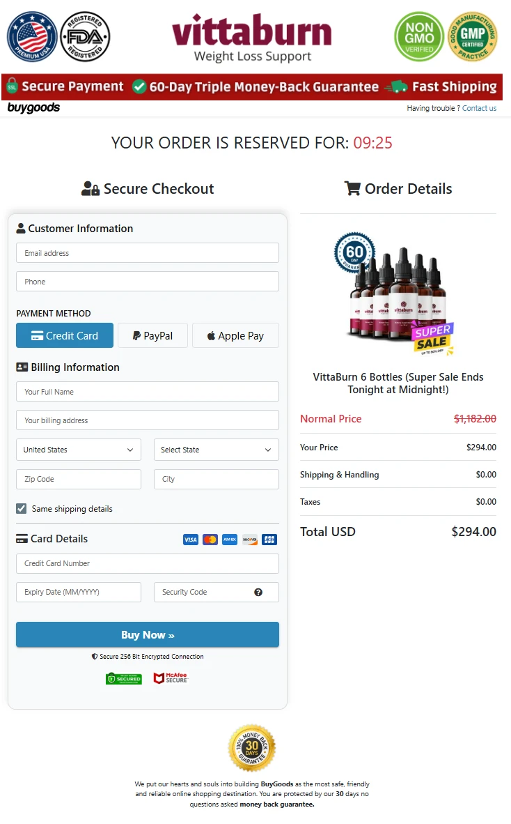 Vittaburn secure checkout and payment process
